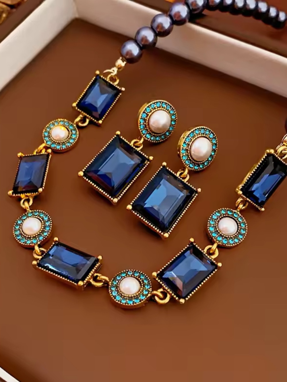 Blue Crystal Pearl Necklace & Earring Set - Picture 6 of 14
